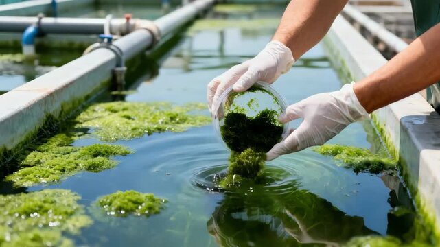 Close medium shot of hands collecting fresh algae samples in a water farm designed for sustainable biofuel extraction.