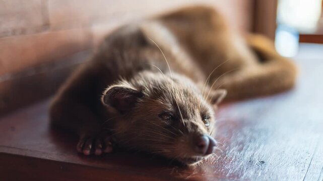 day time bali island famous asian palm civet animal close up sleeping on wooden table brick background 4k indonesia