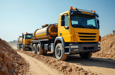 Obraz premium Yellow tanker trucks drive on dirt road at construction site. Heavy vehicles transport liquids for drainage or sewerage. Excavation work ongoing under blue sky. Equipment moves earth.