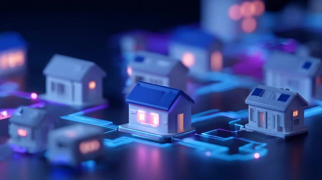Animated smart city network with miniature houses and digital connections. IoT, property technology, and communication concept.