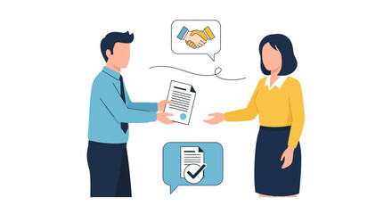 Two diverse professionals exchanging documents, symbolizing agreement, partnership, and successful completion