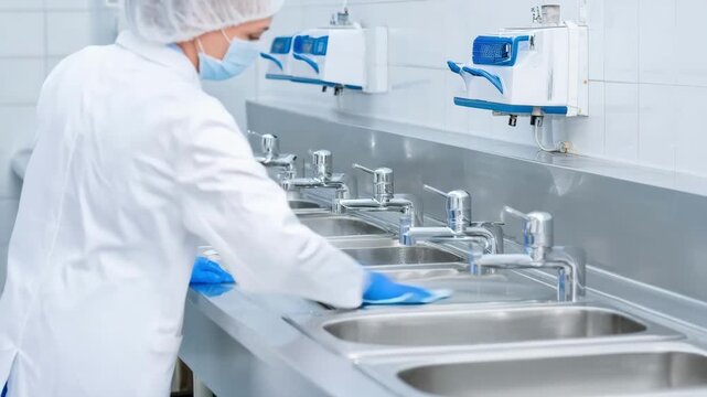 Office restroom sanitization scene showing an employee carefully wiping door handles and sinks to maintain a germfree workspace environment.
