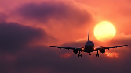 Silhouette Airplane Landing At Sunset