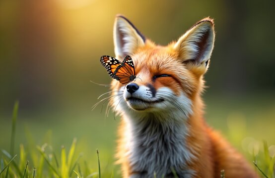 Red fox sits calmly in green grass field with orange butterfly on its nose. Warm sunlight illuminates fur. Animal looks peaceful enjoying nature outdoor.