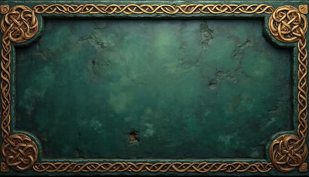 Intricate Celtic knot border frames textured green background. Golden interwoven loops adorn stone like material. Elegant design for historical or mystical themes.