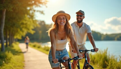 Happy young couple ride bicycles along path near lake on a sunny day. Man and woman enjoy cycling together in park, smiling and looking at camera, dressed in casual summer clothes and hats.