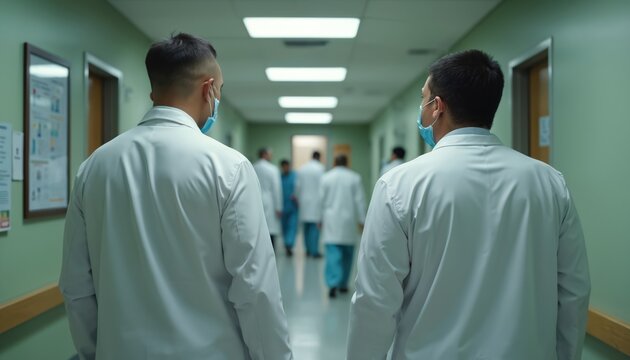 Two doctors wearing face masks walk down hospital hallway. Medical staff in white coats, scrubs visible in distance, actively working during busy shift. Shows dedicated healthcare professionals on