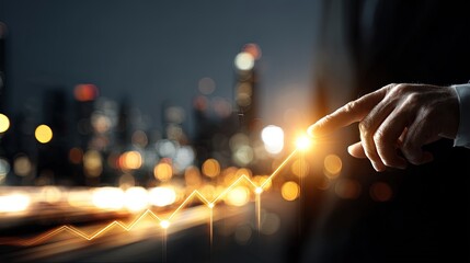 Business Hand Pointing To Growth Chart In City At Night