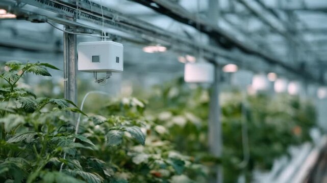 Medium shot focused on IoT devices regulating humidity levels in a controlled greenhouse environment