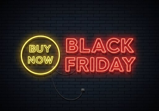 Black friday neon sign with buy now button on brick wall, advertising the shopping event with bright and eyecatching design. Black friday neon sign with buy now button