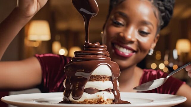 Woman drizzles chocolate sauce over layered cream cake on plate. Smiling african american female presents indulgent dessert elegantly. Cinematic closeup slow motion footage for gourmet food concept
