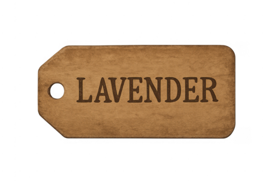 Vintage wood tag with engraved lavender text