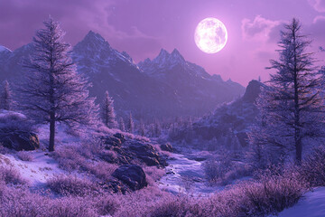 A soft lavender glow as the full moon bathes the mountain valley in light  