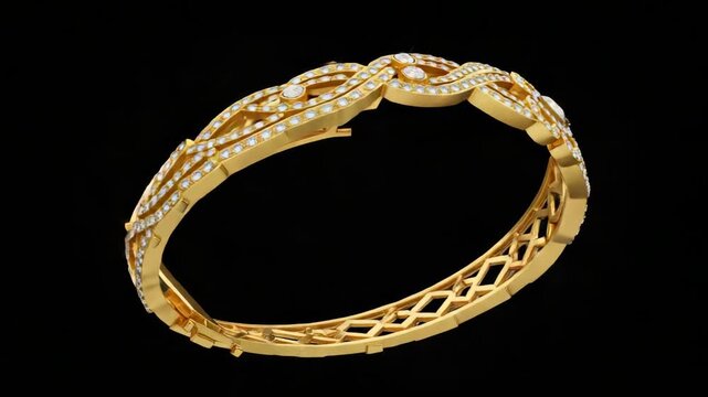 Golden bracelet with diamond embellishments on black background