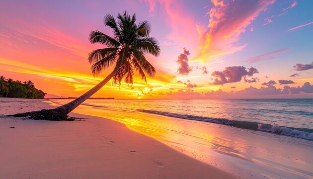 Vibrant tropical beach at sunset with a lone palm tree silhouetted against a fiery orange and pink sky reflecting on wet sand and gentle ocean waves