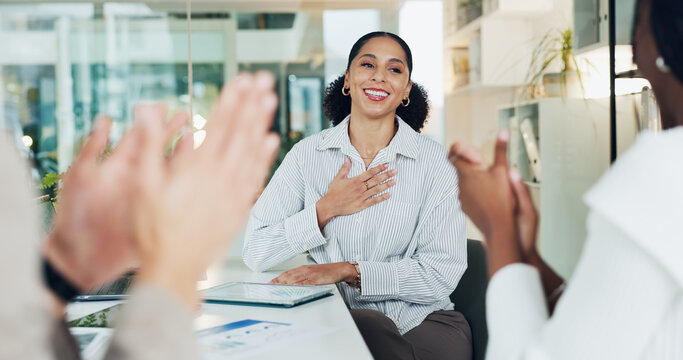 Business, applause and woman with success, celebration and financial agency with goals. People, investor and employees in workplace, clapping and bonus with achievement, pride and congratulations