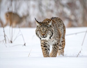 Fototapeta premium A stunning lynx strides through a snowy environment, with focused eyes. A blurry deer is in the background, hinting at the wild outdoors