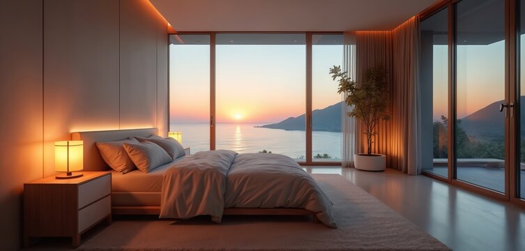 Modern bedroom with large window overlooking ocean sunset. Warm lamp light illuminates bed with pillows and blanket. Minimalist interior design creates peaceful mood.