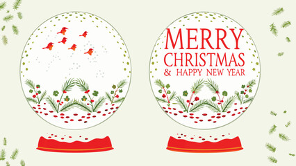 Two festive christmas snow globes with red birds and greenery celebrating the holiday season
