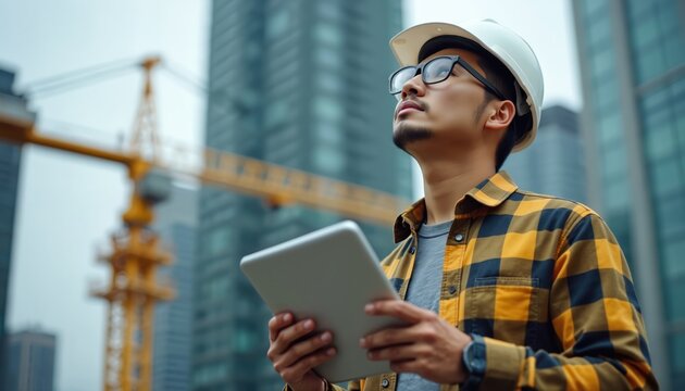 Asian man engineer wears safety helmet, glasses, holds tablet. Looks up at modern city construction site with tall buildings, large crane in background. Pro worker plans, inspects urban development