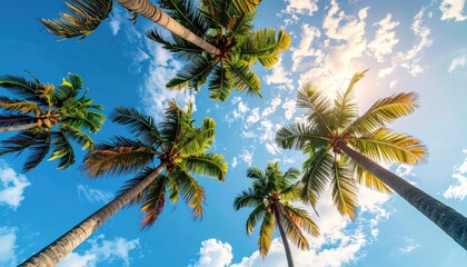 View from below looking up at tall palm trees against a bright blue sky with white clouds and sunlight filtering through the leaves creating a tropical paradise atmosphere