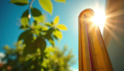 Thermometer displays high degree temperature under sunlight against blue sky. Green leaves surround weather measuring equipment. Concept for global warming, summer heat. Danger of heatstroke in