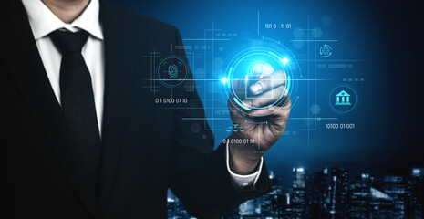 Cybersecurity system interface with biometric lock and data protection. Cybersecurity protects...