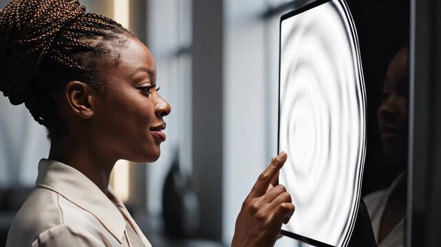 African American woman in profile closeup interacts with digital circle on screen. Thoughtful gaze to pointing gesture then touching glowing holographic element. Cinematic innovative technology touch