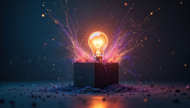 Glowing light bulb emerges from dark box, exploding with colorful sparks and particles. Symbolizes innovative ideas, breakthrough thinking, and creative energy bursting forth.