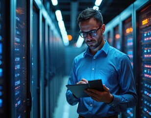 Tech engineer works in modern data center facility. Man uses tablet checking server cabinet status. Monitors network systems, performance, ensuring reliable operation. Pro manages digital info tech,