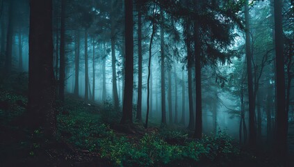 Naklejka premium Dense Forest with Tall Trees and Fog Creating an Eerie Atmosphere in Dim Lighting