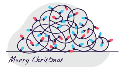 Tangled christmas lights with merry christmas greeting in a minimalist flat design style