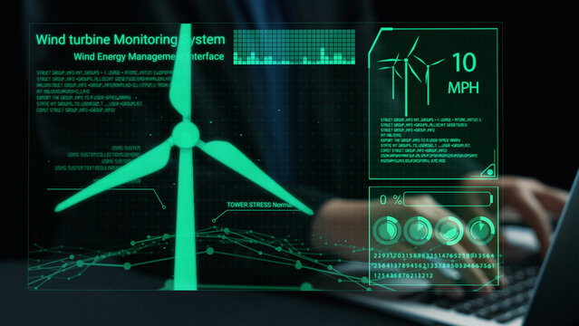 A futuristic wind turbine monitoring system interface showcasing real-time data analytics and management solutions for enhancing renewable energy efficiency and sustainability. Cipher - Powered by Adobe