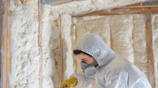 Professional in safety suit using vacuum tools to capture asbestos fibers from interior wall cavities in controlled environment