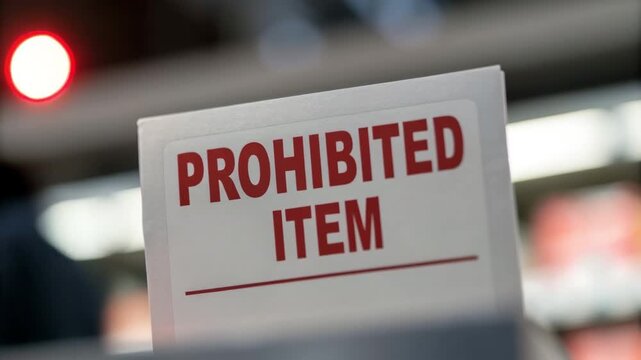 Prohibited item sign warning about trade barriers and restrictions with red light in public spaces ensuring safety and compliance at checkpoints