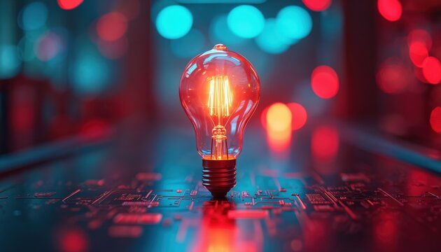 Glowing filament bulb rests on circuit board, red and blue lights in background. Represents new ideas, tech, and future innovation. Concept for energy, creativity and bright futures.