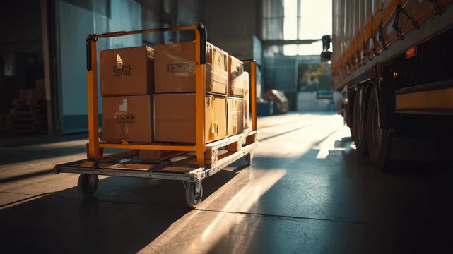 Cardboard Boxes on Pallet Dolly Ready for Shipping in a Logistics Warehouse