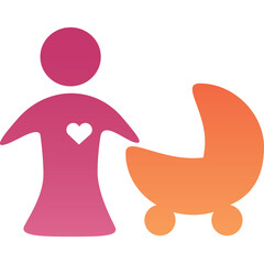 Stylized Silhouette of a Person Holding a Baby Carriage with a Heart Emblem on Chest Graduated Pink to Orange Colors Transparent Background