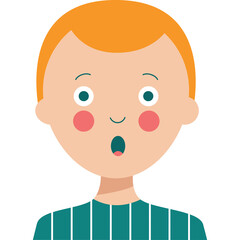 Surprised Young Boy With Open Mouth Orange Hair Teal Striped Shirt Teal Eyes Pink Cheeks on Transparent Background
