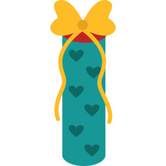 Tall teal gift box with dark teal hearts and a yellow bow on top with a red ribbon accent and yellow streamers against a transparent background