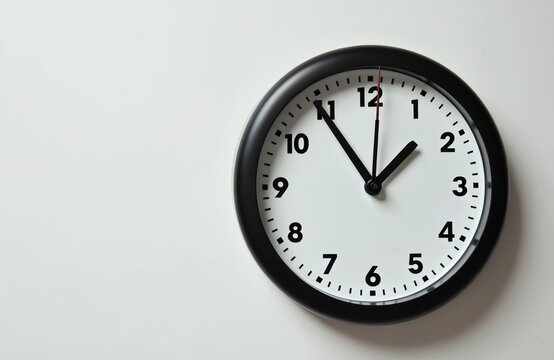 Minimalist black and white analog clock on wall shows time passing. Clean modern design highlights seconds, minutes, hours. Useful for deadlines, schedules, punctuality, urgency concepts. - Powered by Adobe