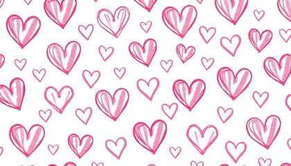 Delicate pink hand-drawn hearts seamlessly repeating on white background, wedding, print