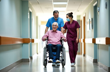 Elderly man in wheelchair is pushed down hospital corridor by nurse and doctor. Healthcare team assists senior patient with care and support. Medical staff helping patient with mobility.