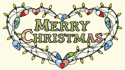 Heart shaped string of colorful christmas lights with merry christmas text in the center