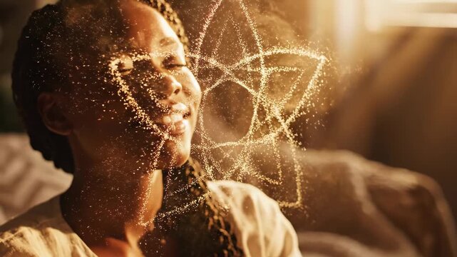 Cinematic closeup of joyful african american woman smiling with golden sparkles emerging around face. Moment of happiness and enlightenment in warm indoor light. Emotional expression footage.