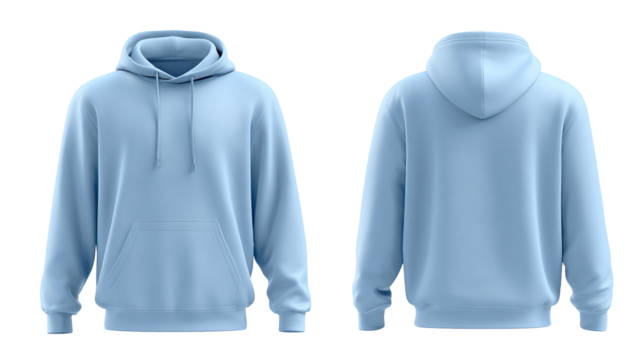 Blank hoodie template front and back pastel blue shade smooth fabric on transparent background