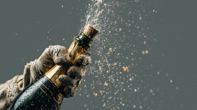 champagne celebration with popping cork and dynamic action
