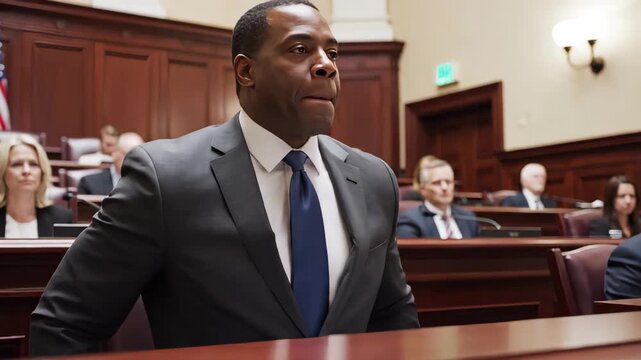 Person in business attire seated at a formal meeting in a legislative assembly, focused expression highlighting engagement and serious discussion atmosphere
