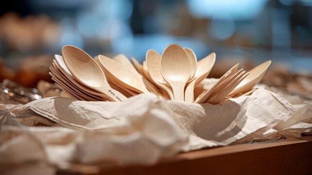 Medium shot of ecofriendly biodegradable spoons resting on a recycled paper napkin in a busy cafeteria setting.