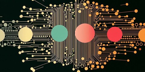 AI-generated animated abstract illustration of dots of light on a circuit board in yellow, green, pink and black - Powered by Adobe